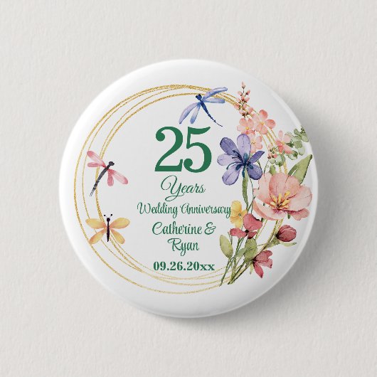 25. silberne Hochzeitstag Goldrahmen Blumen Button (Vorderseite)