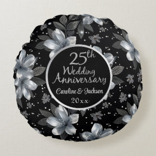 25. Silbernes Glitter-Blumen-Hochzeitsjubiläum Rundes Kissen