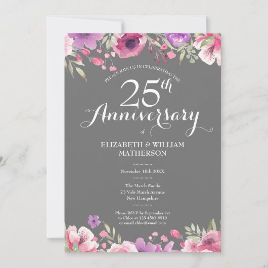 25. Silver Anniversary Wedding Foto Floral Rose Einladung (Vorderseite)