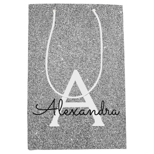 25. Silver Birthday Glitzer & Sparkle Monogram Mittlere Geschenktüte (Vorderseite)
