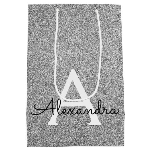 25. Silver Birthday Glitzer & Sparkle Monogram Mittlere Geschenktüte (Rückseite)