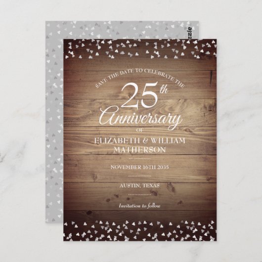 25. Silver Jubiläum Save the Date Rustikales Holz Postkarte (Vorne/Hinten)