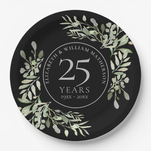 25. Silver Jubiläum Wasserfarbengrün Blumen Pappteller (Vorderseite)