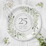 25. Silver Jubiläum Wasserfarbengrün Blumen Pappteller<br><div class="desc">Diese elegante botanische Papiertafel aus dem 25. Jubiläum mit zarten,  sanften Aquarelltönen personalisiert sich mit Ihren Jubiläumsinformationen in elegantem Silbertext. Entwickelt von Thisisnotme©</div>