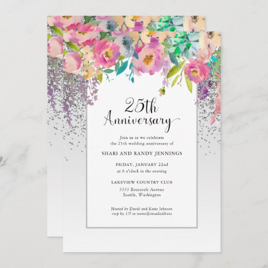 25. Silver Pink Floral Wedding Jubiläum Einladung (Vorne/Hinten)