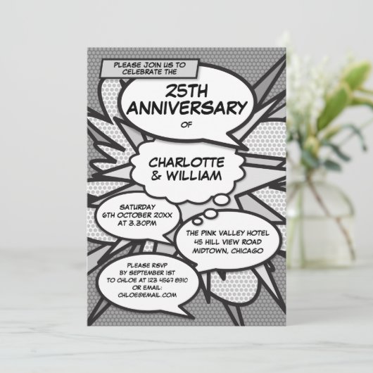 25. Silver Wedding Anniversary Comic Pop Kunst Einladung (Stehend Vorderseite)