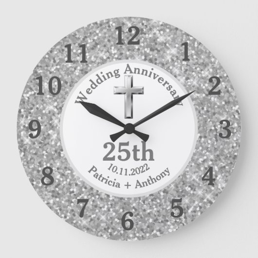 25. Silver Wedding Anniversary Glitzer Religious Große Wanduhr (Vorderseite)