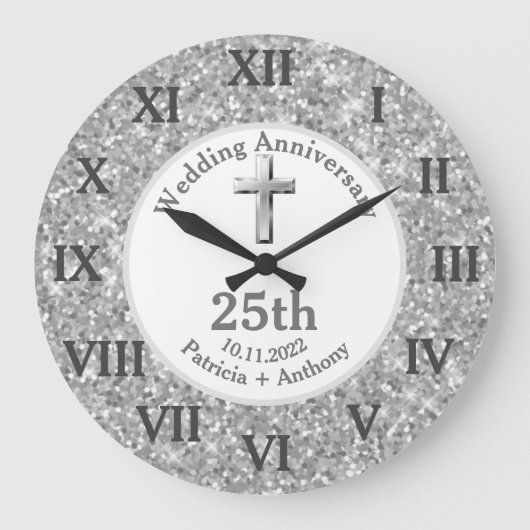 25. Silver Wedding Anniversary Glitzer Religious Große Wanduhr (Vorderseite)