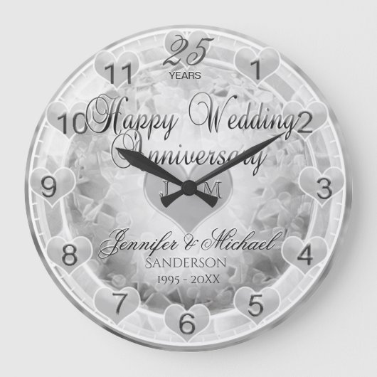 25. Silver Wedding Anniversary Hearts Große Wanduhr (Vorderseite)
