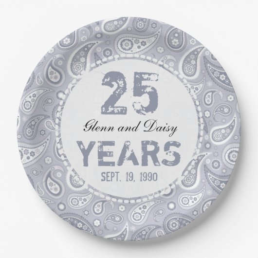 25. Silver Wedding Anniversary Paisley Pattern Pappteller (Vorderseite)