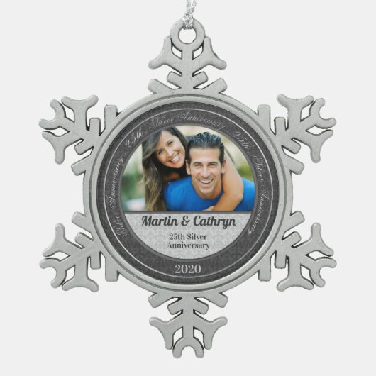 25. Silver Wedding Annivsersary Foto Schneeflocken Zinn-Ornament (Vorderseite)