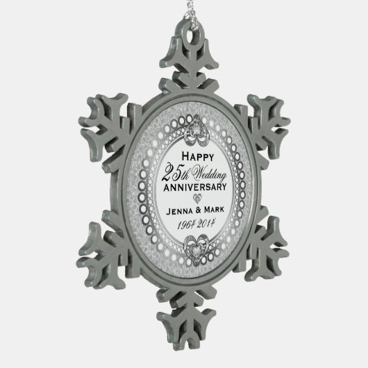 25. Silver Wedding Jubiläum 4 Schneeflocken Zinn-Ornament (Links)