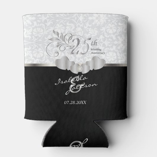 25. Silver Wedding Jubiläum | Damask Muster Dosenkühler (Rückseite)