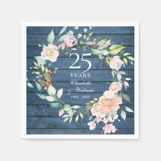 25. Silver Wedding Jubiläum Floral Blue Rustic Serviette (Vorderseite)