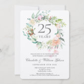 25. Silver Wedding Jubiläum Floral Metallic Einladung (Vorderseite)
