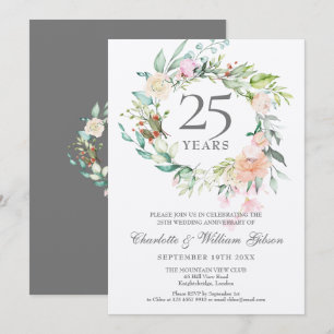 25. Silver Wedding Jubiläum Floral Metallic Einladung