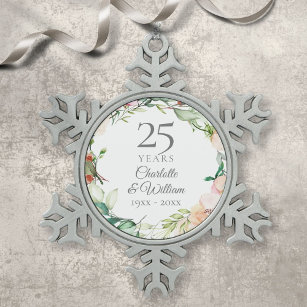 25. Silver Wedding Jubiläum Floral Watercolor Schneeflocken Zinn-Ornament