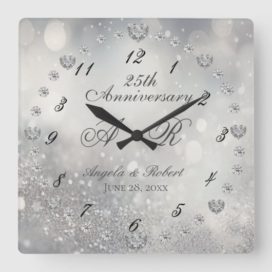 25. Silver Wedding Jubiläum Quadratische Wanduhr (Vorderseite)