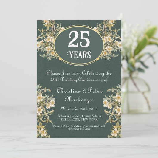 25. Silver Wedding Jubiläum Rich Floral Einladung (Stehend Vorderseite)