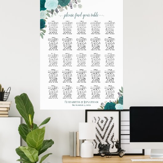 25 Tabelle Aquamarin Boho Blumenzettel Poster (Heimbüro)