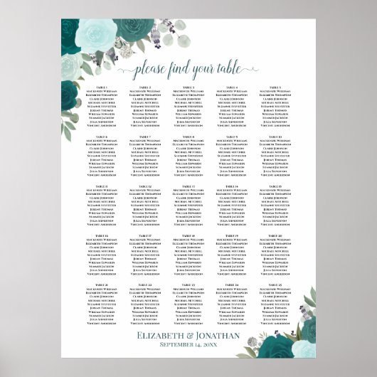 25 Tabelle Aquamarin Boho Blumenzettel Poster (Vorne)