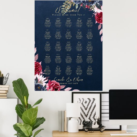 25 Tabelle Burgundy Blue Floral Gold SITZENCHART Poster (Heimbüro)