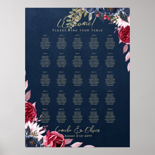 25 Tabelle Burgundy Blue Floral Gold SITZENCHART Poster (Vorne)