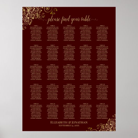 25 Tabelle Gold & Auburn Brown Hochzeitstabelle Poster (Vorne)