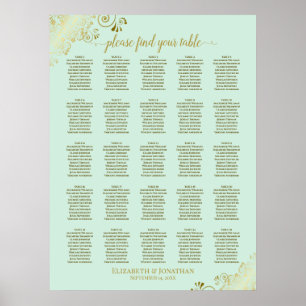 25 Tabelle Gold & Minze Green Wedding Seating Char Poster