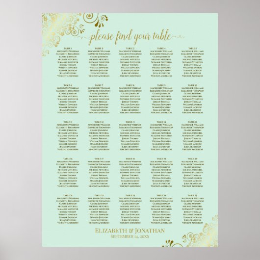 25 Tabelle Gold & Minze Green Wedding Seating Char Poster (Vorne)