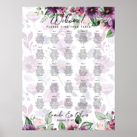 25 Tabelle Lila florale florale SITZPLATTE Poster (Vorne)