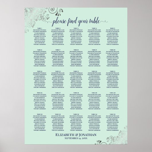 25 Tabelle Navy & Mint Green Wedding Seating Chart Poster (Vorne)