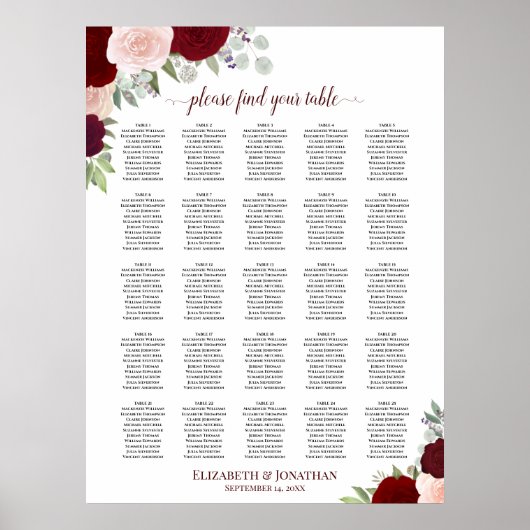 25 Tabelle Rot und Rosa Rosen Hochzeitstabelle Poster (Vorne)