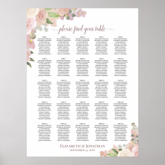 25 Tabelle Rustikal rosa Blumenübersicht Poster (Vorne)