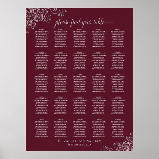 25 Tabelle Silver & Burgund Hochzeitsdiagramm Poster (Vorne)