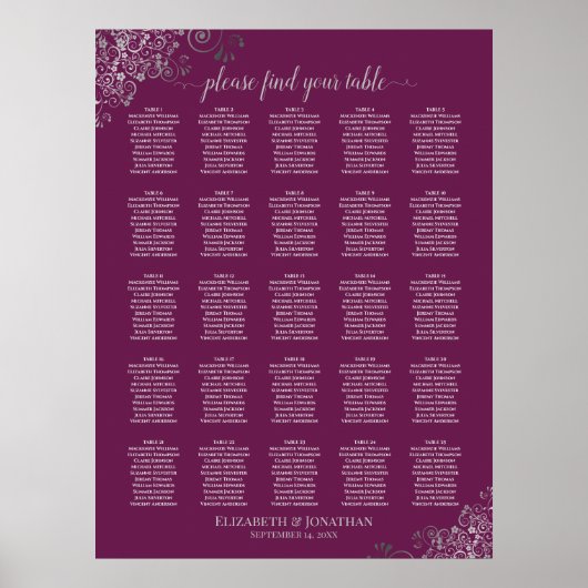 25 Tabelle Silver & Cassis Hochzeitskarte Poster (Vorne)
