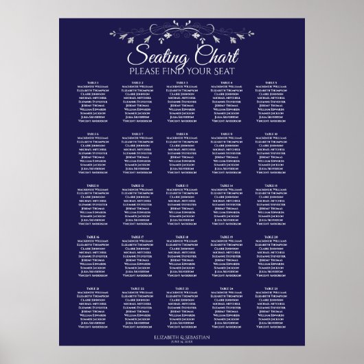 25 Table Elegant Navy Blue Wedding Seating Chart Poster (Vorne)