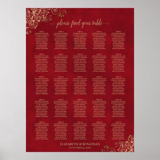 25 Table Gold Frills auf Red Wedding Seating Chart Poster (Vorne)