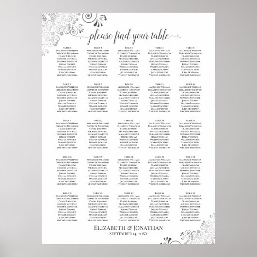 25 Tafellacy Silver Wedding Seating Chart White Poster (Vorne)