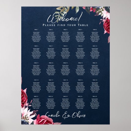25 Tisch-Burgund-Floral-Fall-Sitzkarten Poster (Vorne)