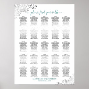 25 Tischlacy Hochzeitssitzkarte weiß und Aquamarin Poster