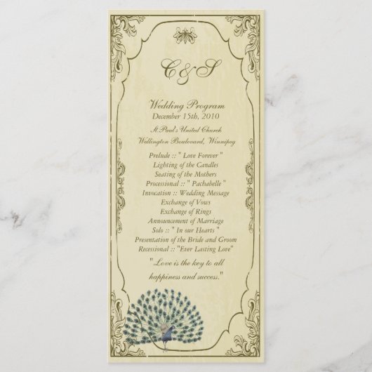 25 Vintage Pfauenhochzeiten Programm (Vorderseite)