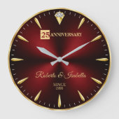 25th Anniversary Elegant Ruby Red & Gold Wedding A Große Wanduhr (Vorderseite)