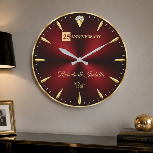 25th Anniversary Elegant Ruby Red & Gold Wedding A Große Wanduhr