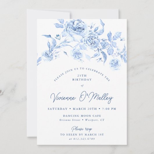 25th Birthday Party Dusty Blue Floral Einladung (Vorderseite)