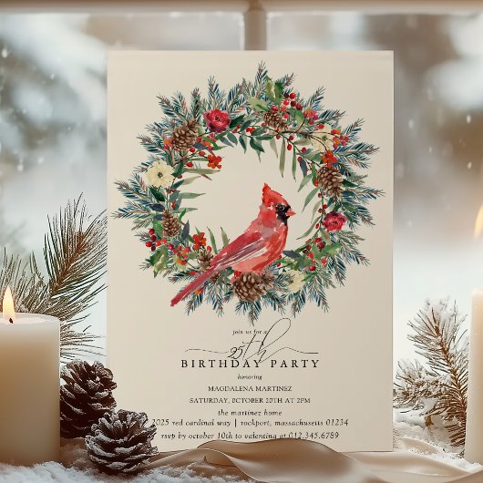 25th Birthday Party Red Cardinal Winter Wreath Einladung