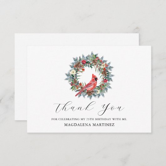 25th Birthday Red Cardinal Wreath Custom Flat Dankeskarte (Vorne/Hinten)