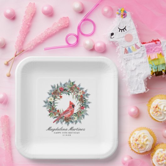 25th Birthday Red Cardinal Wreath Custom Pappteller (Party)