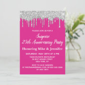 25th Bright Pink Silver Überraschung Jubiläum Part Einladung (Stehend Vorderseite)