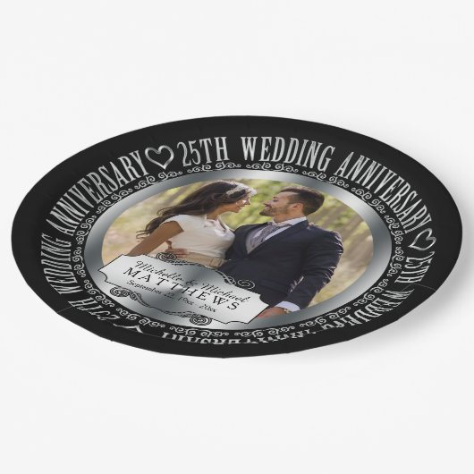 25th Wedding Anniversary Foto Black SIlver Tone Pappteller (Schrägansicht)